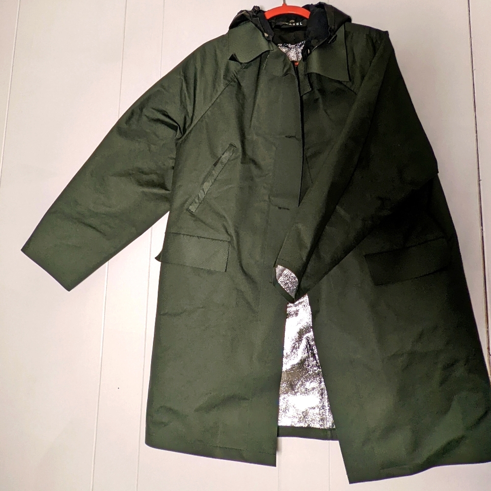 Kassl Editions hooded single breasted canvas olive green raincoat